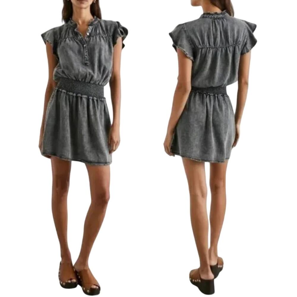 Rails Black Acid Wash Amina Ruffled Smocked Mini Dress Small